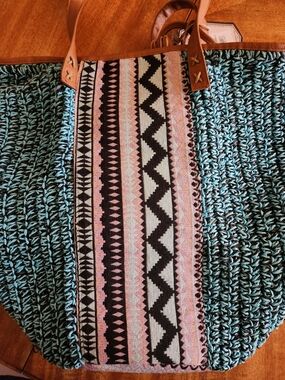 Woven Teal Straw Tote with Pink & Black Aztec Panel
